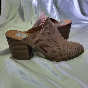 Dolce Vita Perforated Block Heel Mules – Tan Faux Suede